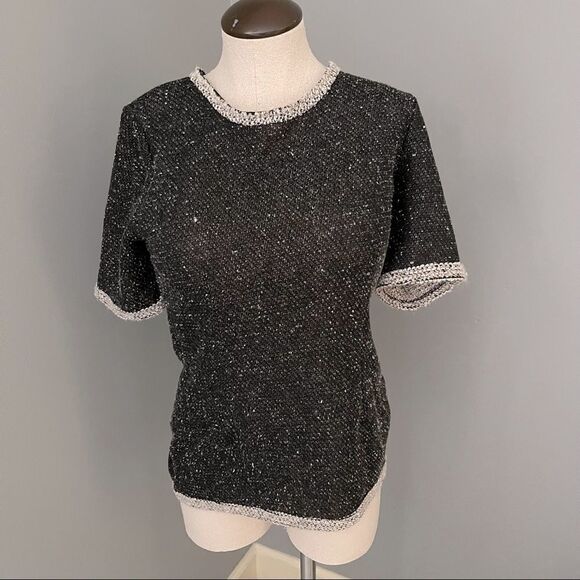Cabi Coco Black Gray Tweed Knit Short Sleeve Top #542 - Picture 1 of 8